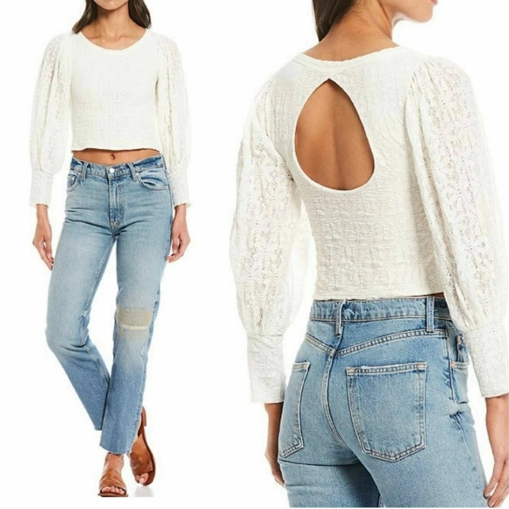 Free People Tea Time Open Back Puff Sleeve Lace Top white M Cottagecore Boho #8